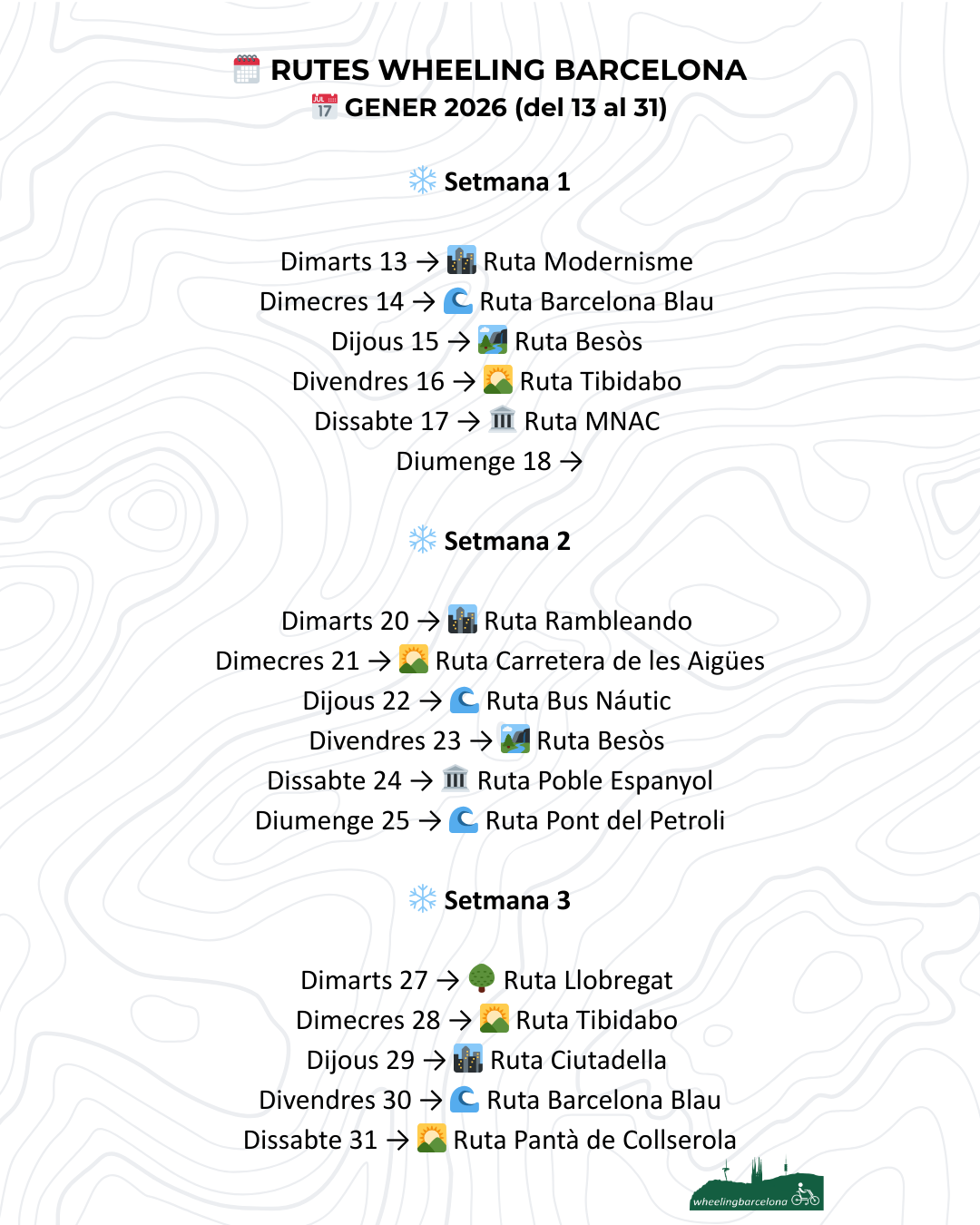 Calendari rutes inclusives Wheeling Barcelona Gener 
