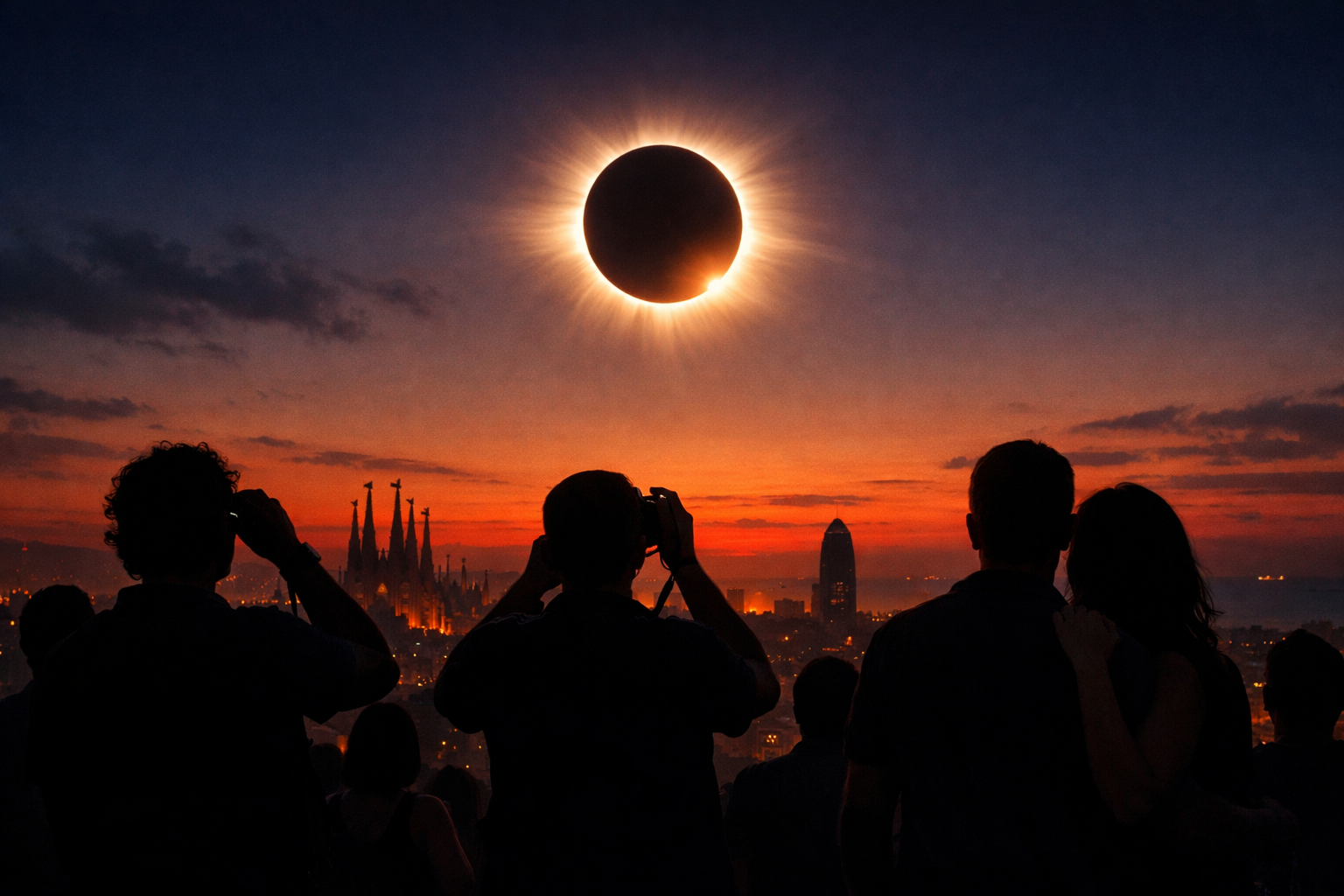 Imatge d'un eclipsi de sol total amb vistes a Barcelona.