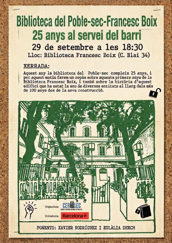 Cartell amb un dibuix icònic de l'edifici de la biblioteca que recorda el cartell que es va utilitzar per reivindicar l'edifici pels veïns i veïnes del Poble-sec. 