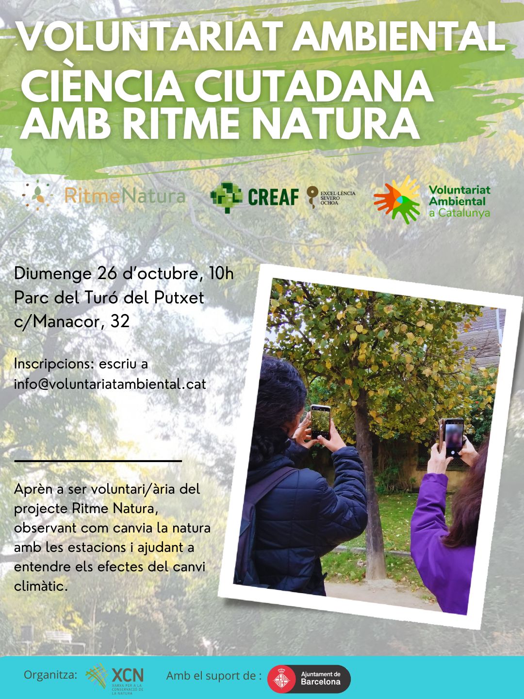 Cartell de l'activitat on es presenta com fer-se voluntari/ària del projecte Ritme Natura, diumenge 26 d'octubr al Parc del Putxet