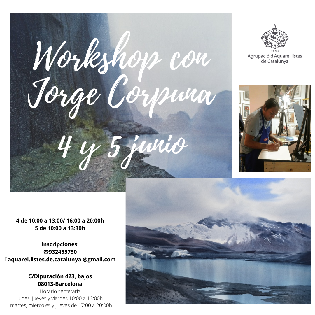 Un parell de fotos de la seva obra, i un de Jorge Corpuna pintant. L'adreça de l'Agrupació d'aquarel·listes, les dates del taller, i horari.
