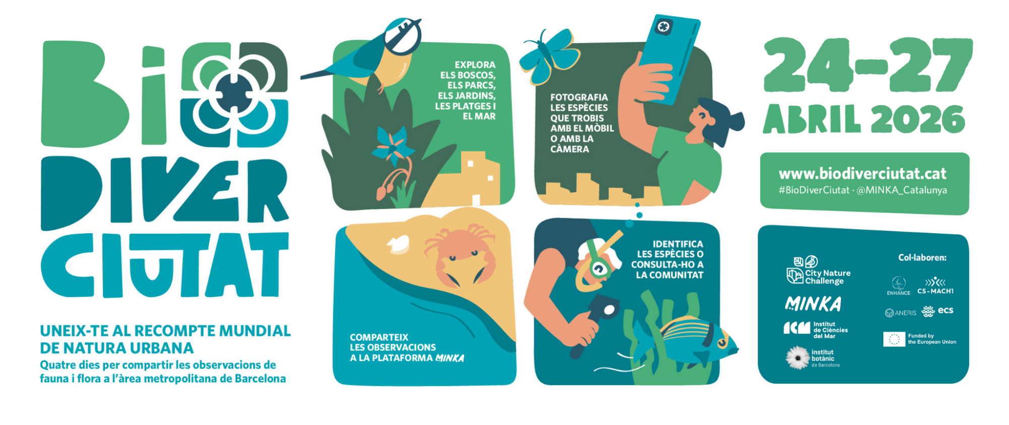 Banner del BioDiverCiutat 2026 amb informació sobre com unir-se al repte i la seva organització.