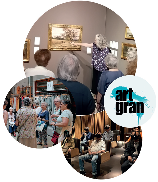 Recull d'imatges de les anteriors edicions del projecte ArtGran. Es veuen persones al museu, fent visites guiades i altres activitats, com per exemple amb unes ulleres de realitat virtual.