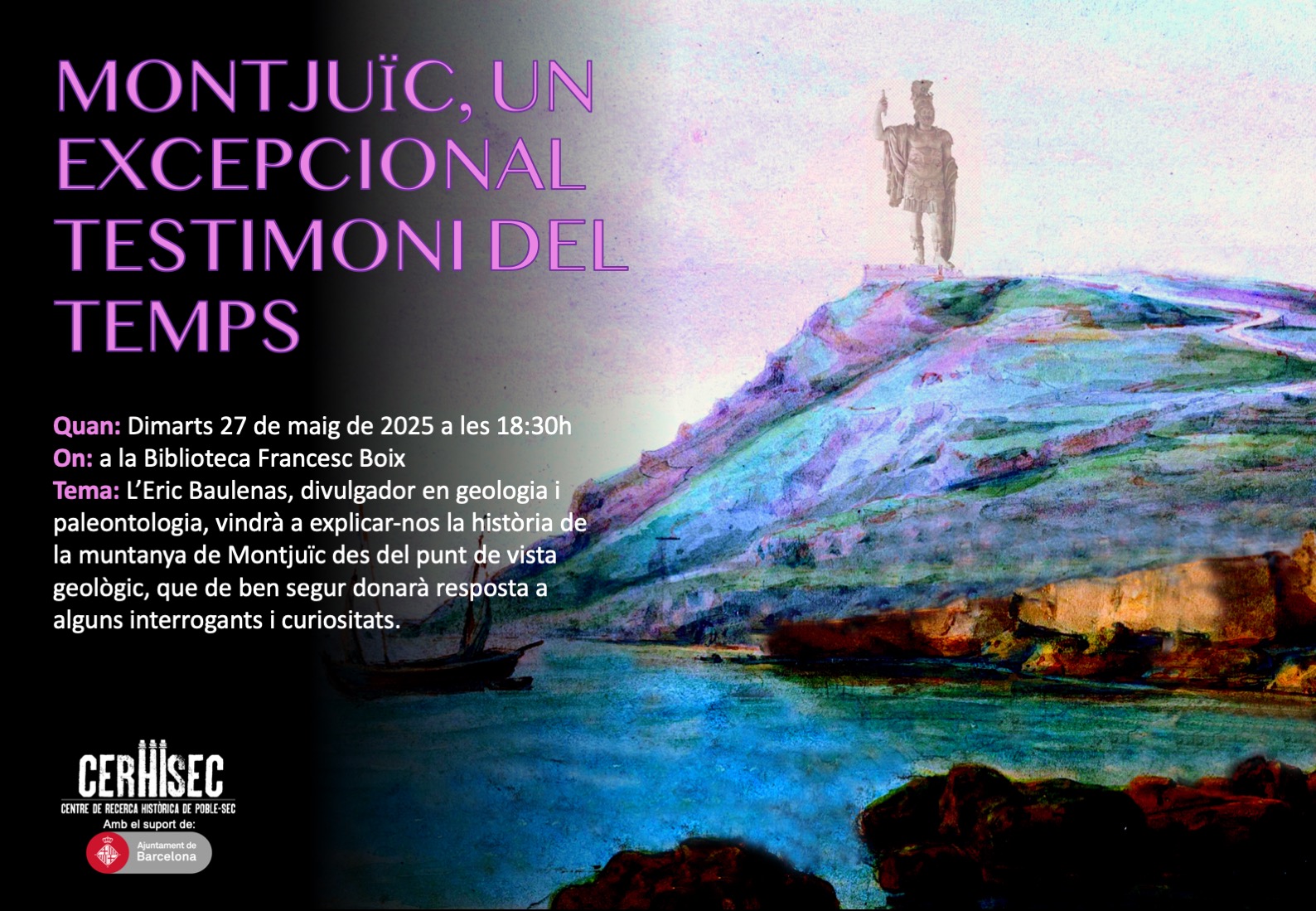 Dibuix de la muntanya de Montjuïc a partir d'una pintura de Josep Mosterin, coronat pel deu Júpiter.