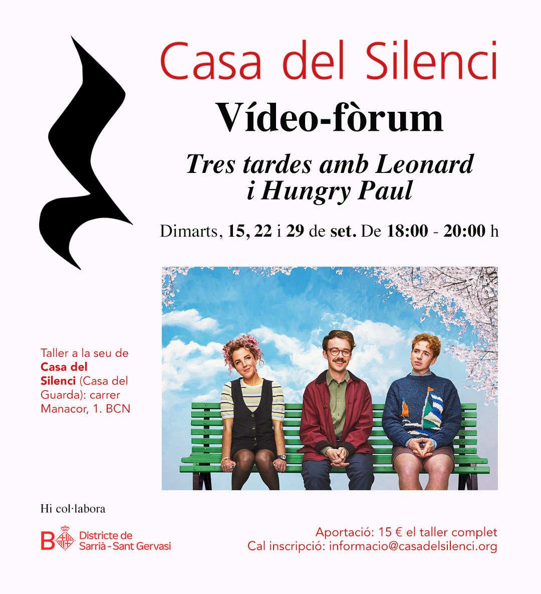 Cartell promocional de la sèrie leonard and HUngry Paul amb els tres protagonistes asseguts a un banc del parc.
