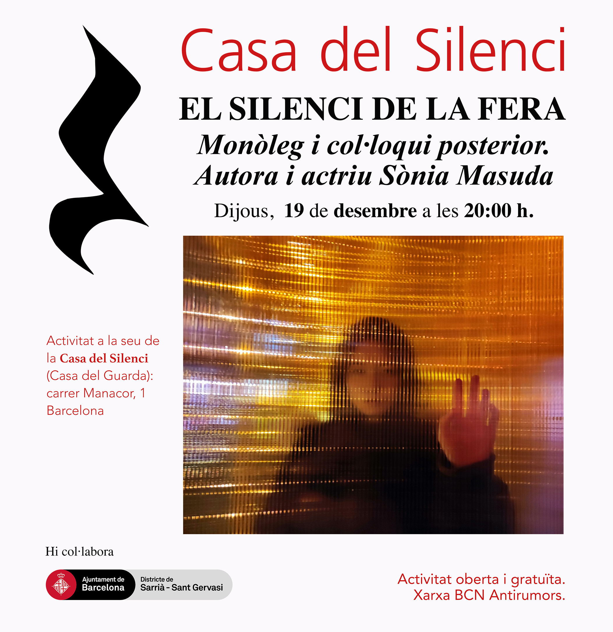 Cartell del monòleg el Silenci de la Fera a la Casa del Silenci dijous 19 de desembre