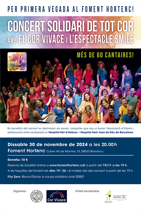 Cartell del concert solidari De tot cor amb el Cor Vivace i l'espectacle Smile