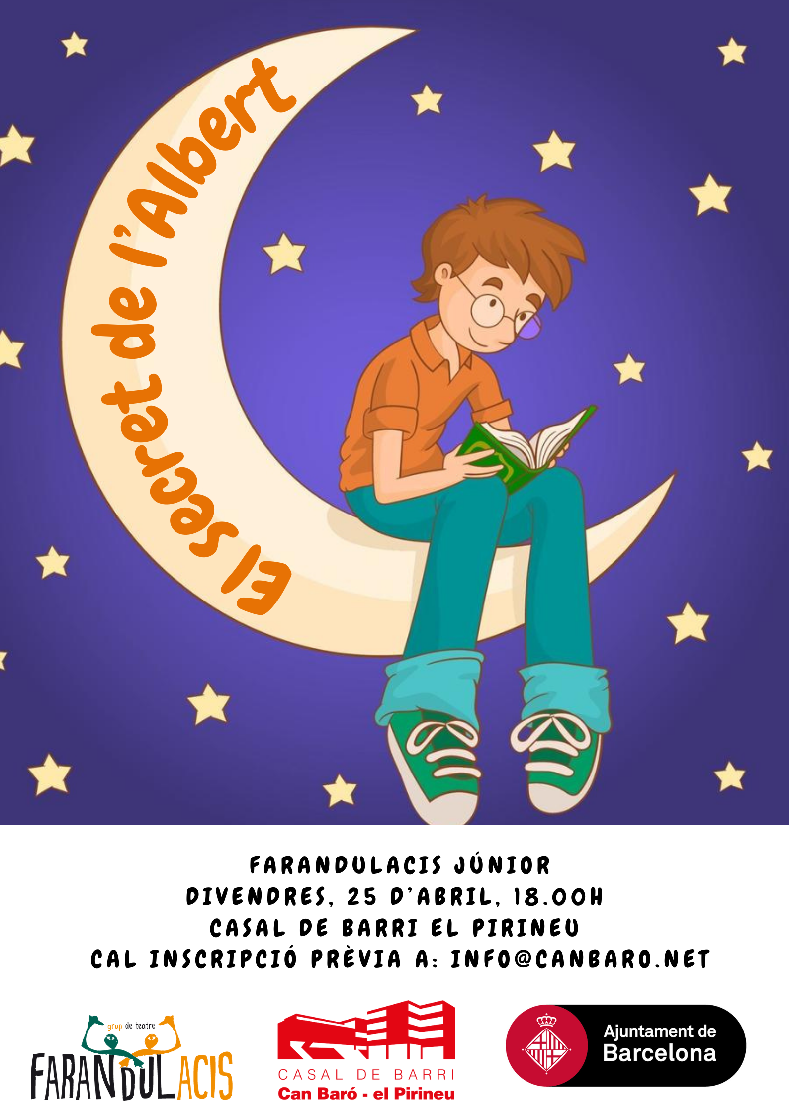 Dibuix d'un nen llegint un llibre assegut dalt de la Lluna