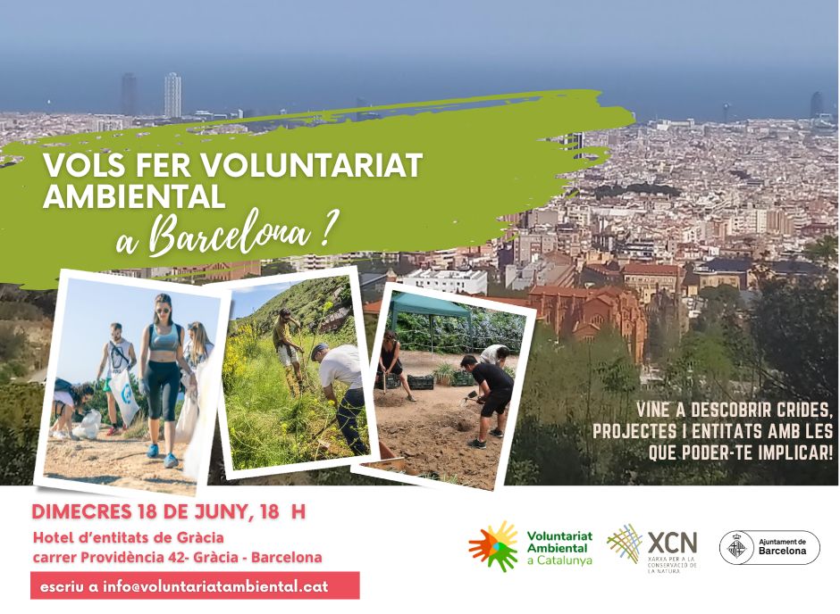 Cartell on es visualitza Barcelona vora el mar i tres experiències de voluntariat ambiental, a la platja, a Collserola o amb un hort comunitari, i la data i el lloc d'aquest trobada dimecres 18 de juny de 2025 a les 18 h al carrer Providència 42