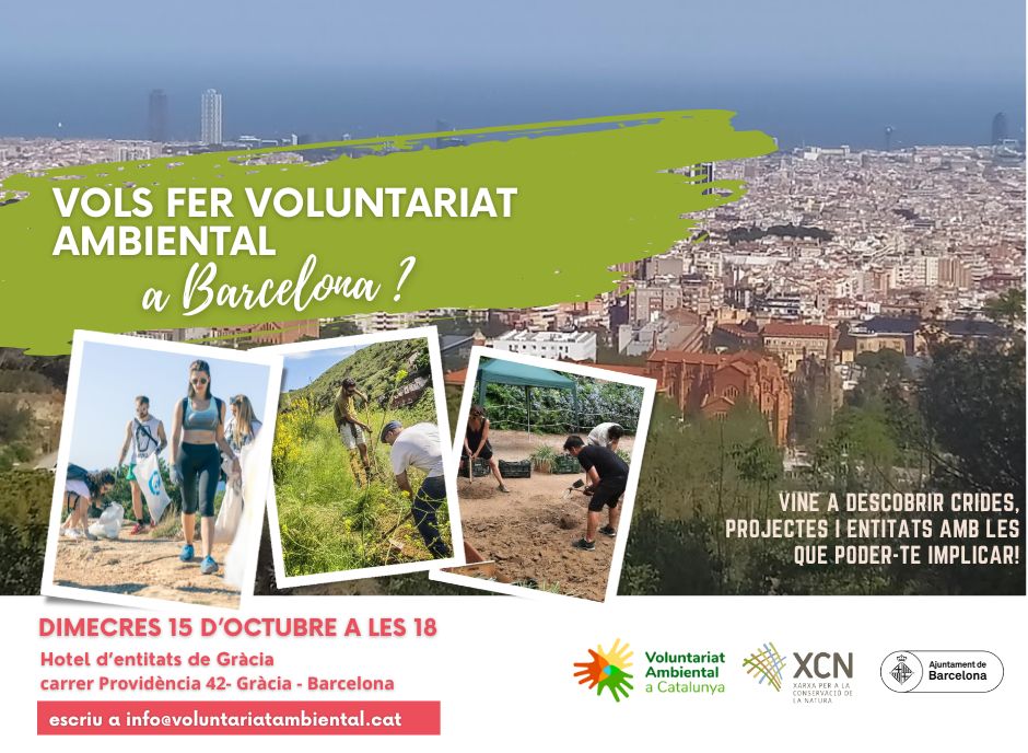 Sobre una imatge aerea de Barcelona es veuen 3 fotos de voluntariat, a la platja, a un hort i a un jardí, i es llegeix "Vols fer voluntariat ambiental a Barcelona"? amb el Logo de Voluntariat Ambiental, la data 15 octubre de 2025 a les 18 i que cal escriure a info@voluntariatambaiental.cat per inscriure's