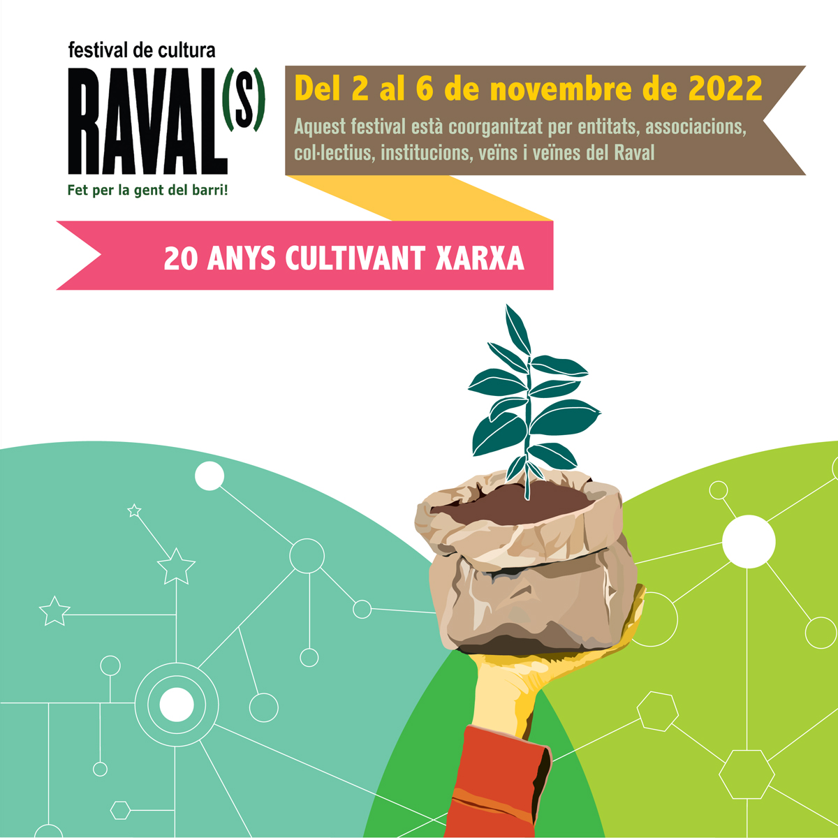 Festival de cultura Ravals del 2 al 6 de novembre de 2022. Aquest festival està coorganitzat per entitats, associacions, col·lectius, institucions, veïns i veïnes del Raval. 