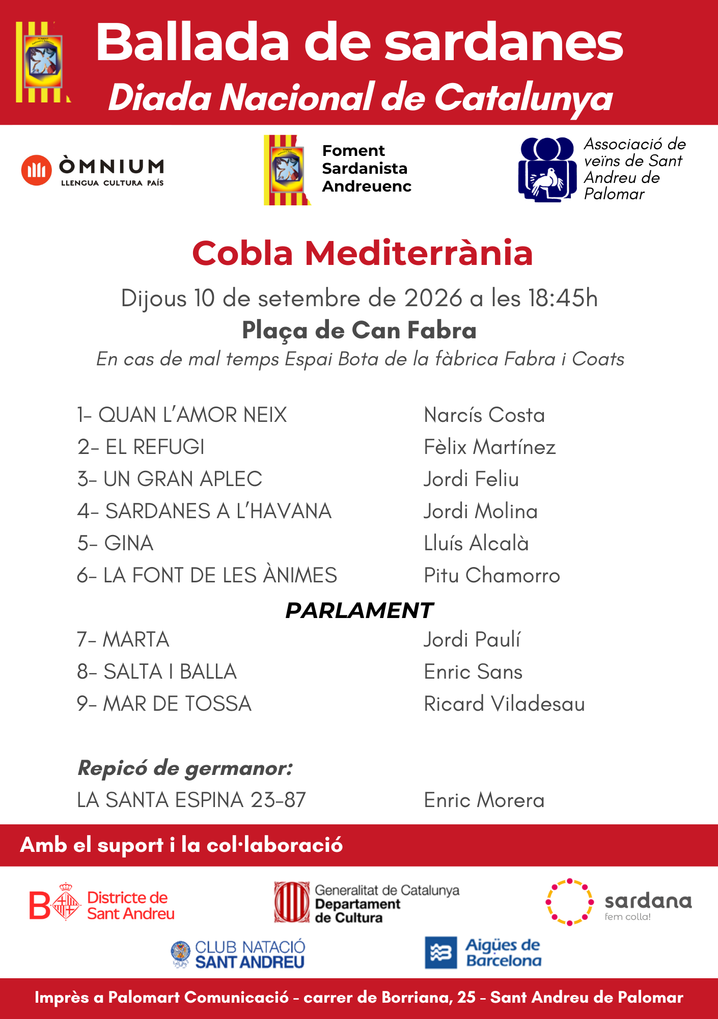 Programa de la ballada de sardanes del 10 de setembre de 2026