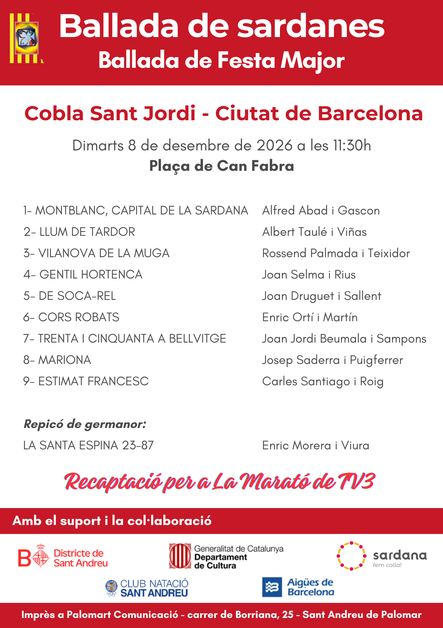 Programa de la ballada de sardanes del 8 de desembre de 2026 organitzada pel Foment Sardanista Andreuenc amb motiu de la Festa Major de Sant Andreu de Palomar