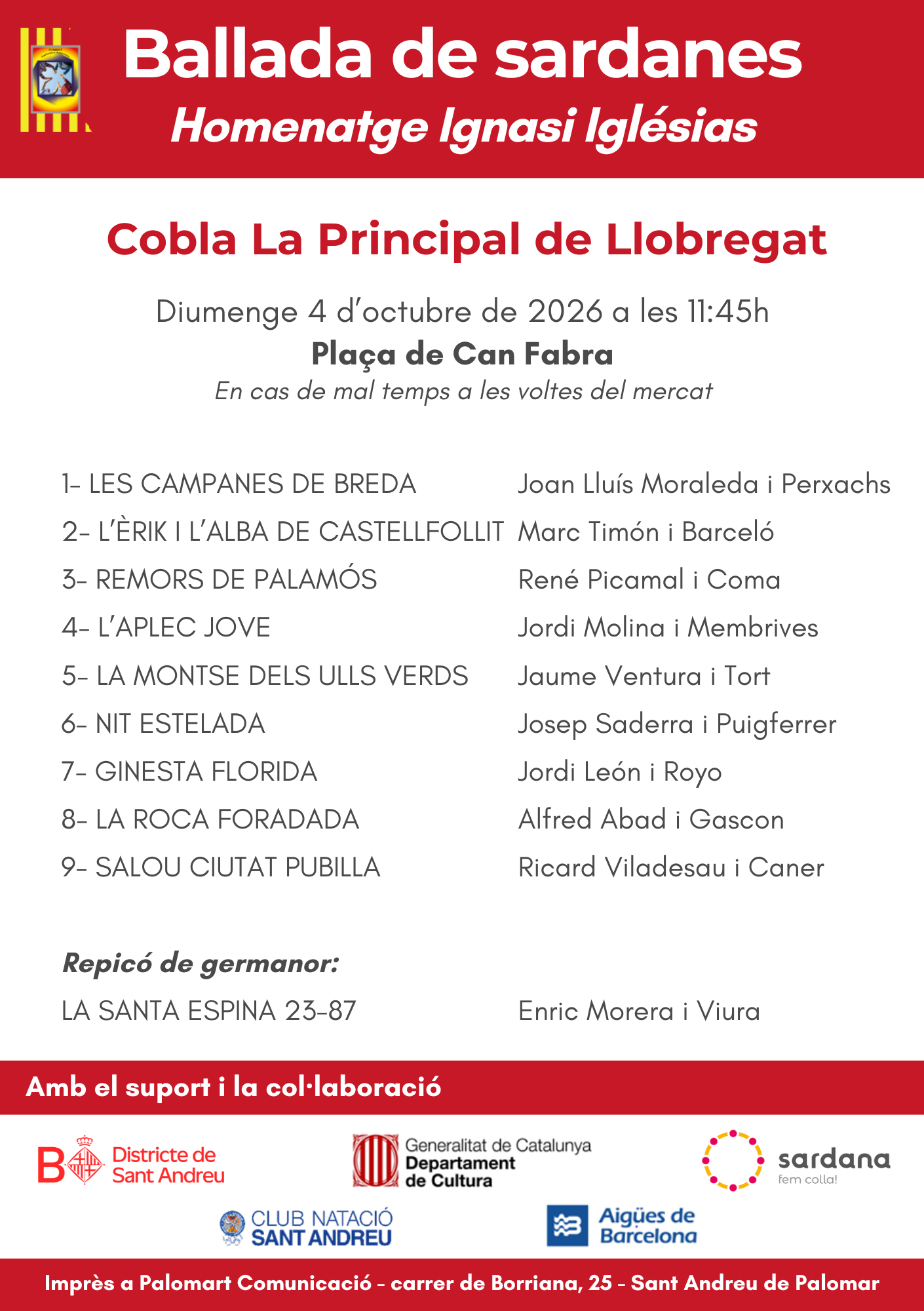 Programa de la ballada de sardanes del 4 d'octubre de 2026