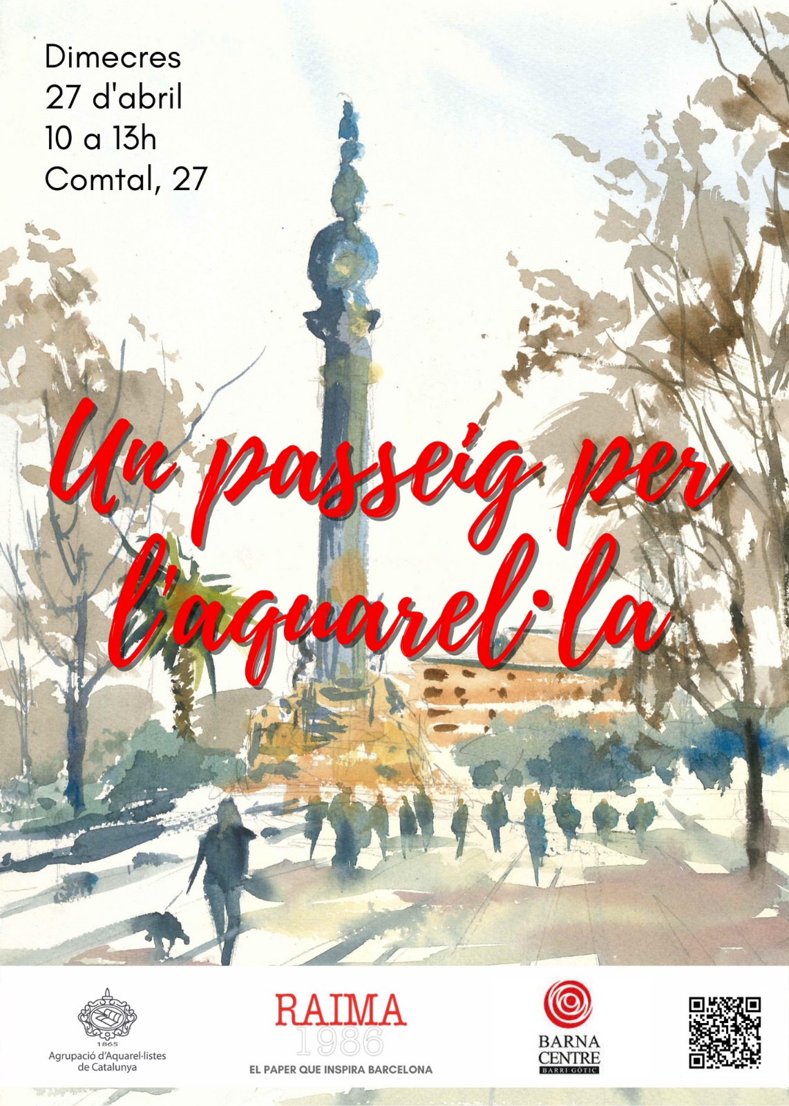 El fons del cartell és una aquarel·la de Colon, de l'artista J. Antonio Espinosa. El seu títol és: Un passeig per l'aquarel·la. El lloc és al carrer Comtal 27 de Barcelona, de 10:00h a 13:00h.
