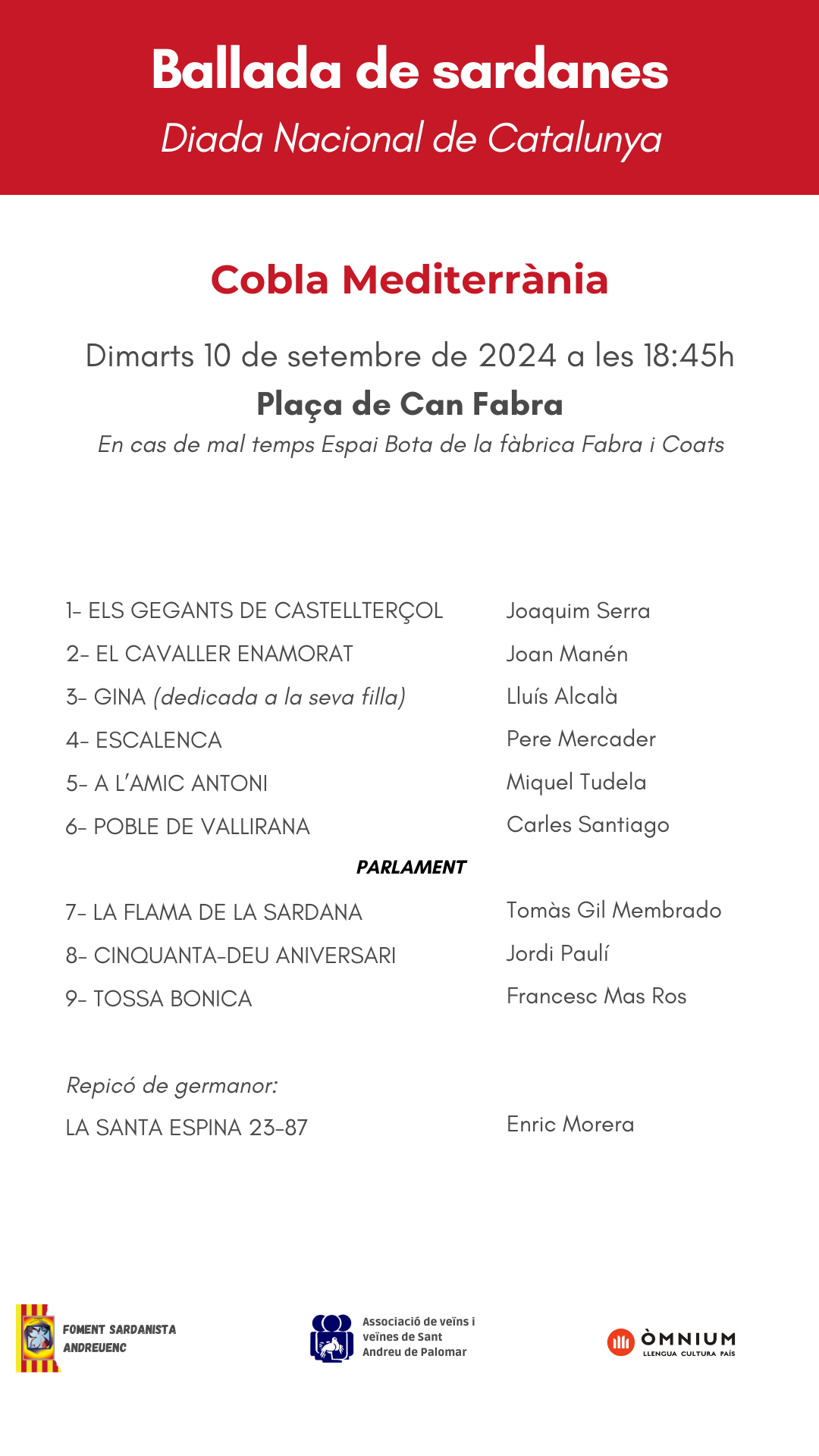 Programa de la ballada de sardanes del 10 de setembre de 2024