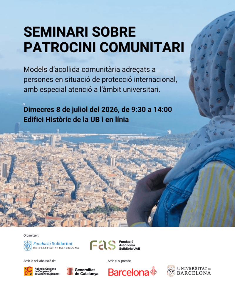 Una noia que porta hijab mira, d'esquena a càmera, les vistes de la ciutat de Barcelona, i al cel hi ha escrit el text "Seminari sobre patrocini comunitari"