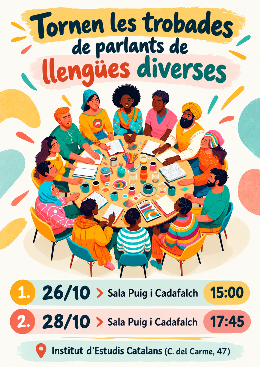 Persones de diferents origen que parlen al voltant d'una taula