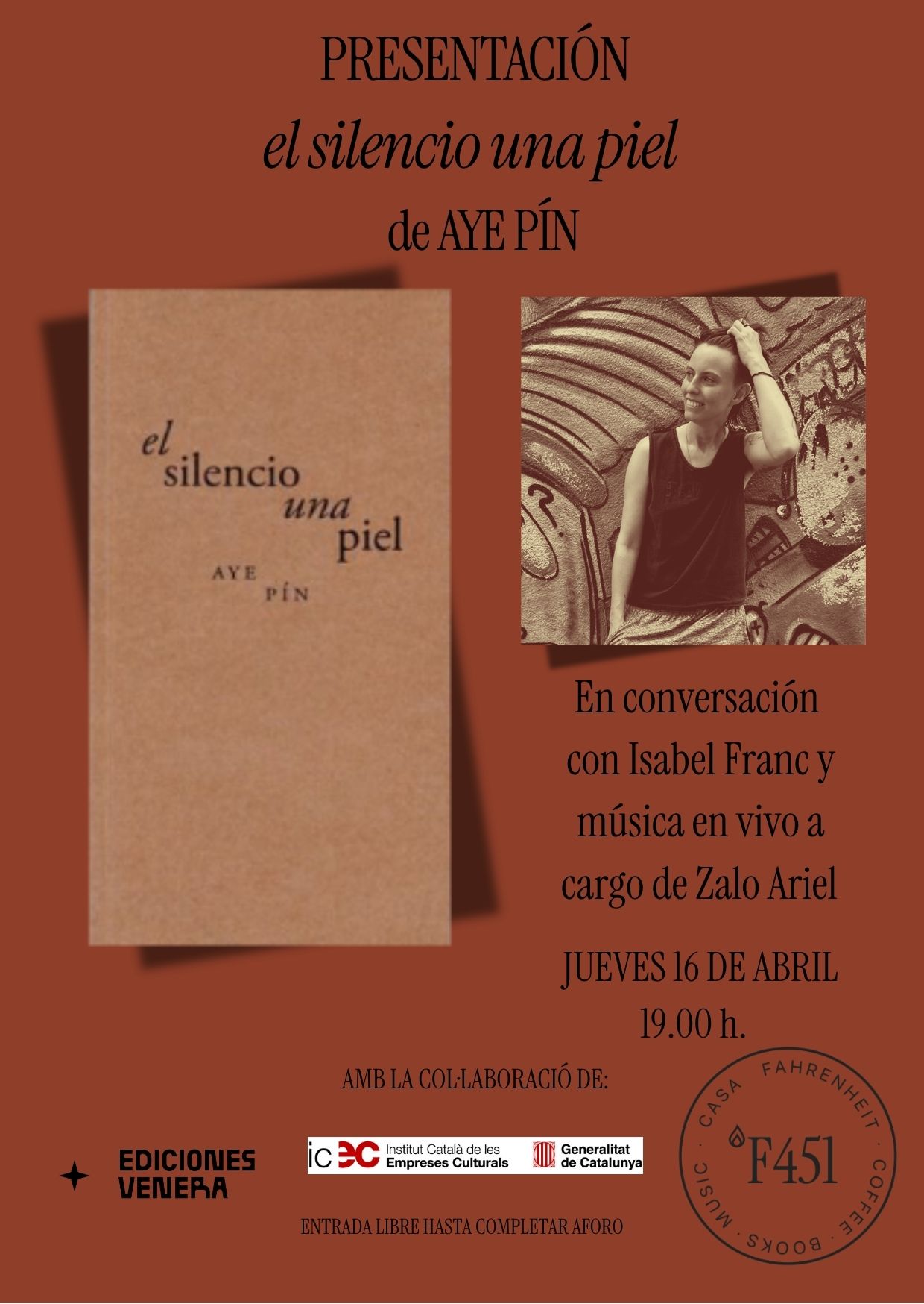 Cartel de la presentación: jueves 16 de abril a las 19h en la librería Fahrenheit 451 de Barcelona