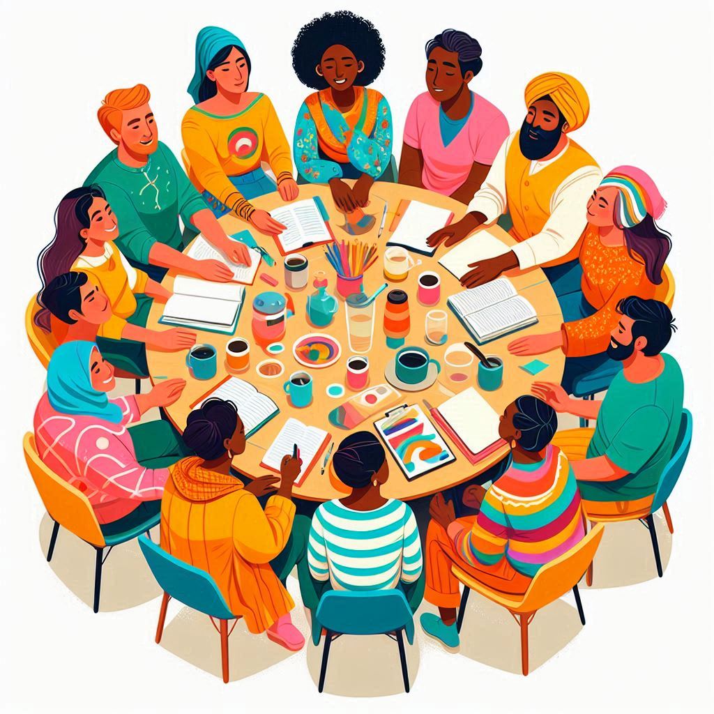 Persones de diferents origen que parlen al voltant d'una taula