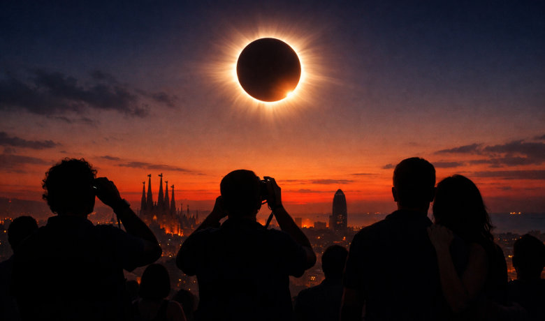 Imatge d'un eclipsi de sol total amb vistes a Barcelona.