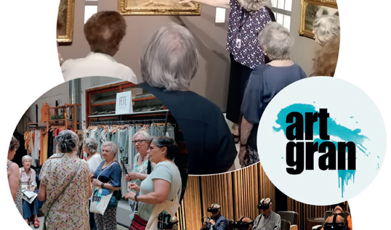 Recull d'imatges de les anteriors edicions del projecte ArtGran. Es veuen persones al museu, fent visites guiades i altres activitats, com per exemple amb unes ulleres de realitat virtual.