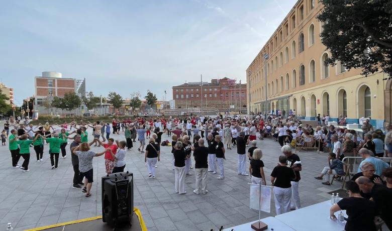 Colles ballant sardanes a la plaça de Can Fabra de Sant Andreu de Palomar