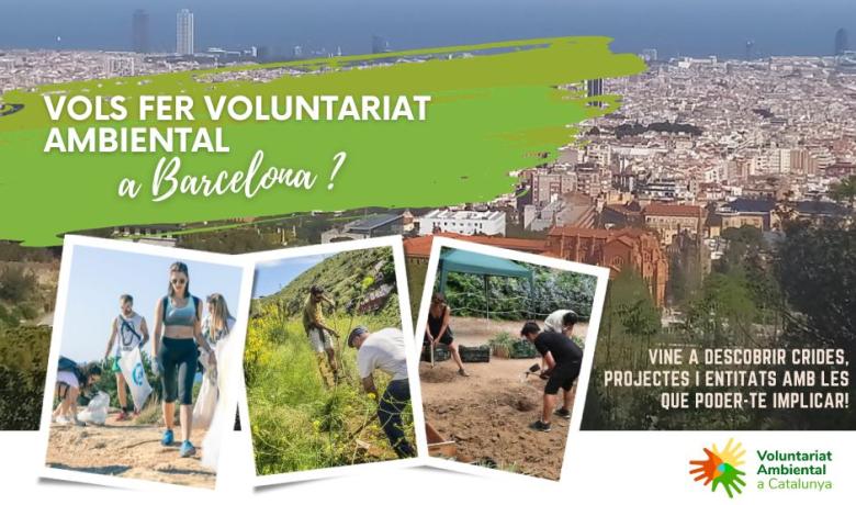 Sobre una imatge aerea de Barcelona es veuen 3 fotos de voluntariat, a la platja, a un hort i a un jardí, i es llegeix "Vols fer voluntariat ambiental a Barcelona"? amb el Logo de Voluntariat Ambiental