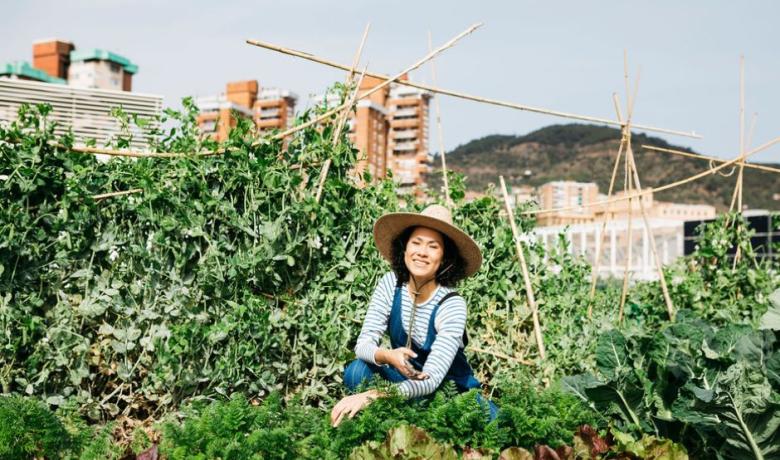 Voluntària de l'hort urbà al terrat del mercat de Vall d'Hebron