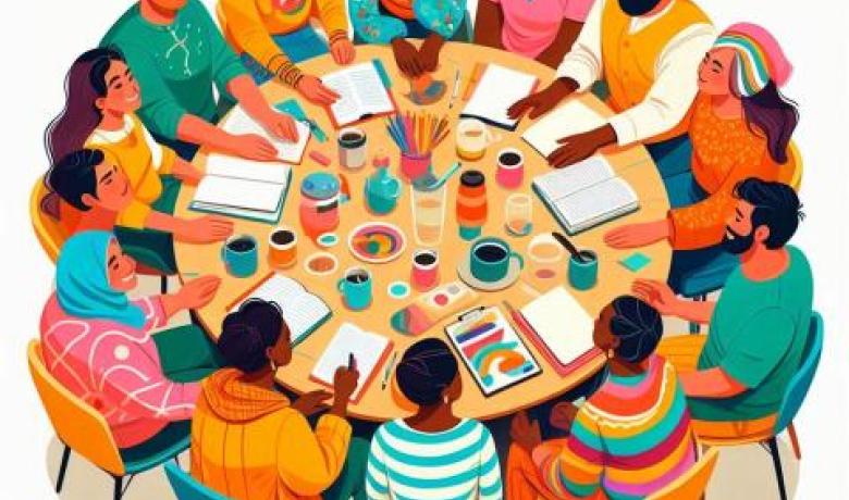 Persones de diferents origen que parlen al voltant d'una taula