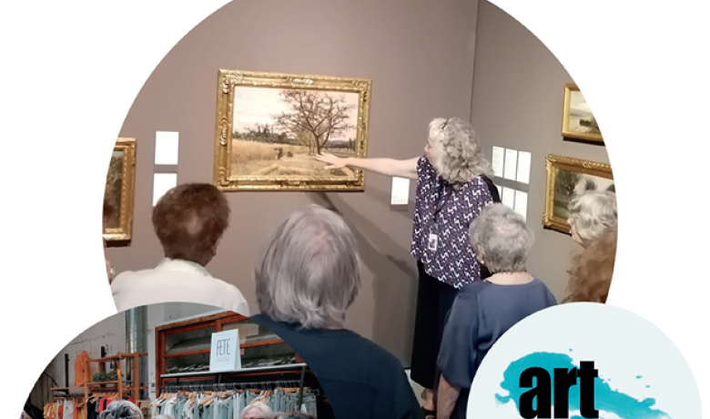 Recull d'imatges de les anteriors edicions del projecte ArtGran. Es veuen persones al museu, fent visites guiades i altres activitats, com per exemple amb unes ulleres de realitat virtual.
