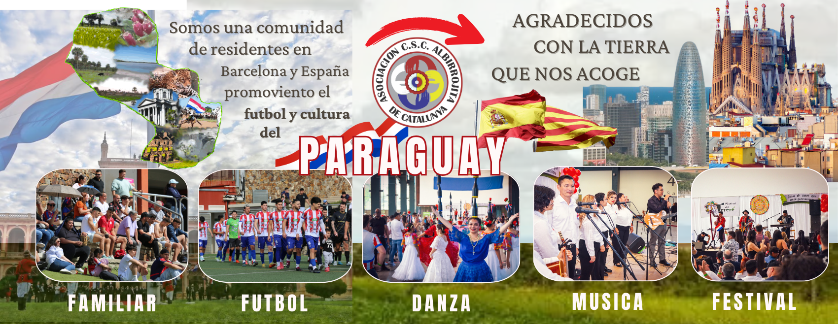 imagen de portada de la asociación albirrojita con fotos de danza, futbolistas grupo coral de paraguayos