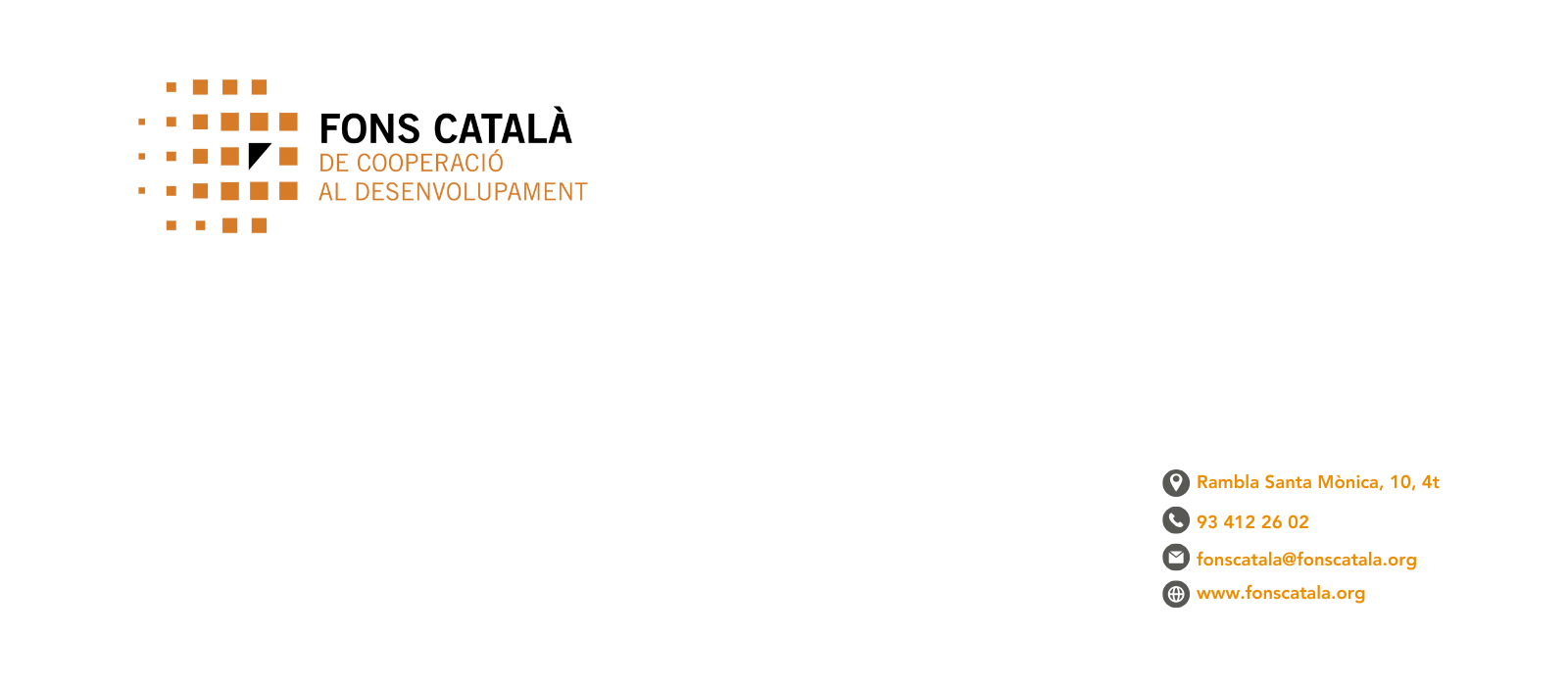 Logo del fons català i informació sobre lloc, telèfon i correu